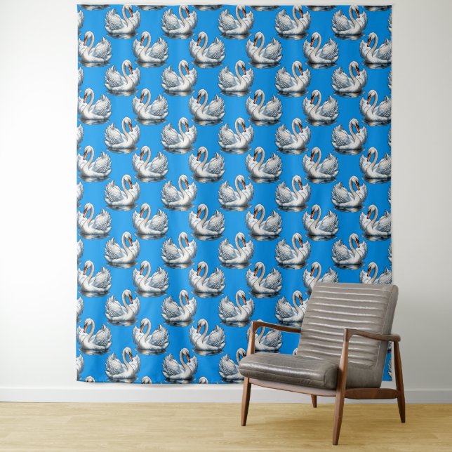 Swan Birds Pattern Design On Green  Tapestry (In Situ)