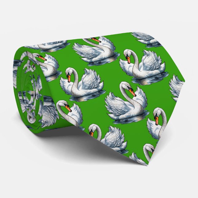 Swan Birds Pattern Design On Green  Tie (Rolled)