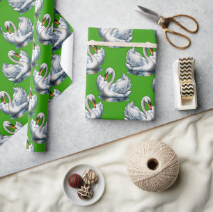 Swan Birds Pattern Design On Green Wrapping Paper