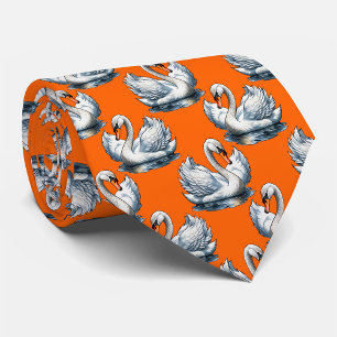 Swan Birds Pattern Design On Orange Tie