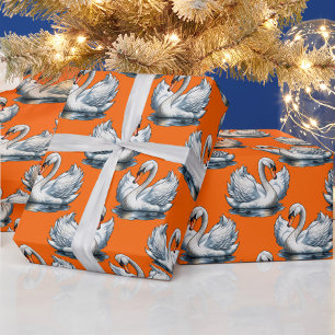 Swan Birds Pattern Design On Orange Wrapping Paper