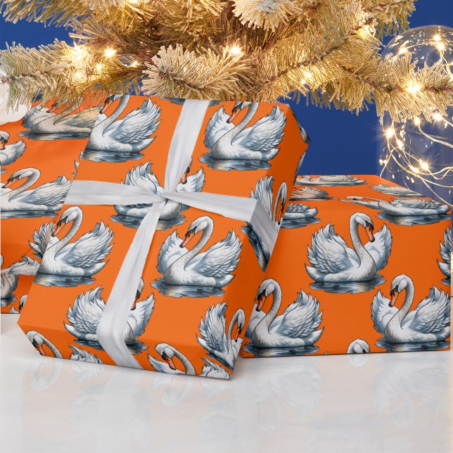 Swan Birds Pattern Design On Orange  Wrapping Paper (Creator Uploaded)
