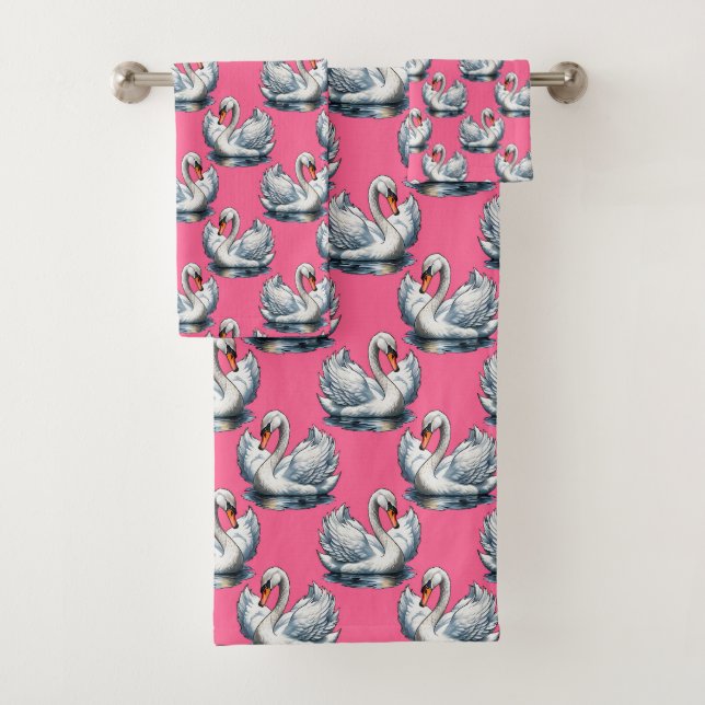 Swan Birds Pattern Design On Pink Bath Towel Set (Insitu)