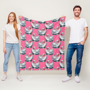 Swan Birds Pattern Design On Pink Fleece Blanket