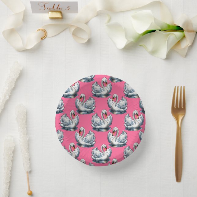 Swan Birds Pattern Design On Pink Paper Plate (Wedding)