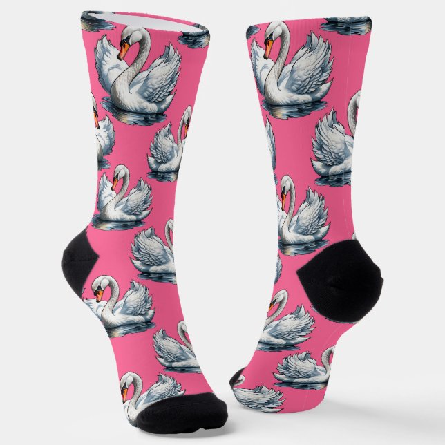 Swan Birds Pattern Design On Pink Socks (Angled)