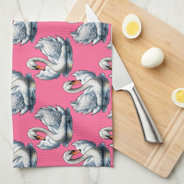 Swan Birds Pattern Design On Pink Tea Towel (Quarter Fold)