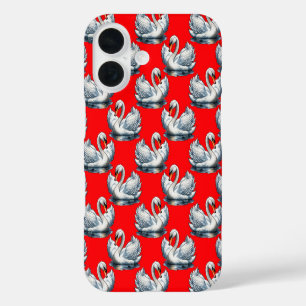 Swan Birds Pattern Design on Red iPhone 16 Case