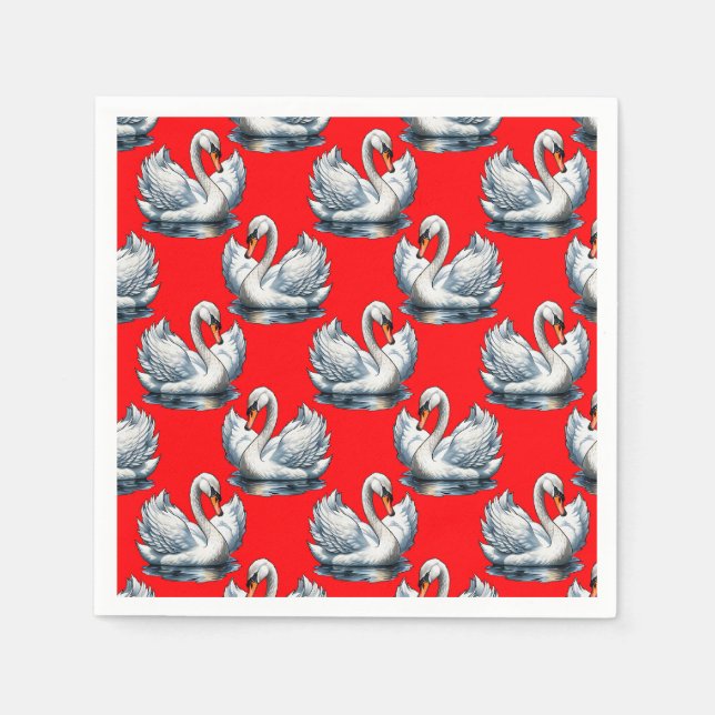 Swan Birds Pattern Design on Red Napkin (Front)