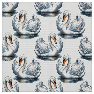 Swan Birds Pattern Design on White Fabric