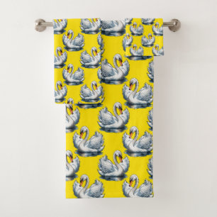 Swan Birds Pattern Design On Yellow Bath Towel Set