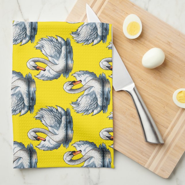 Swan Birds Pattern Design On Yellow  Tea Towel (Quarter Fold)