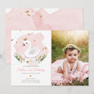 Swan Birthday Invitation Girl Princess Pink Gold