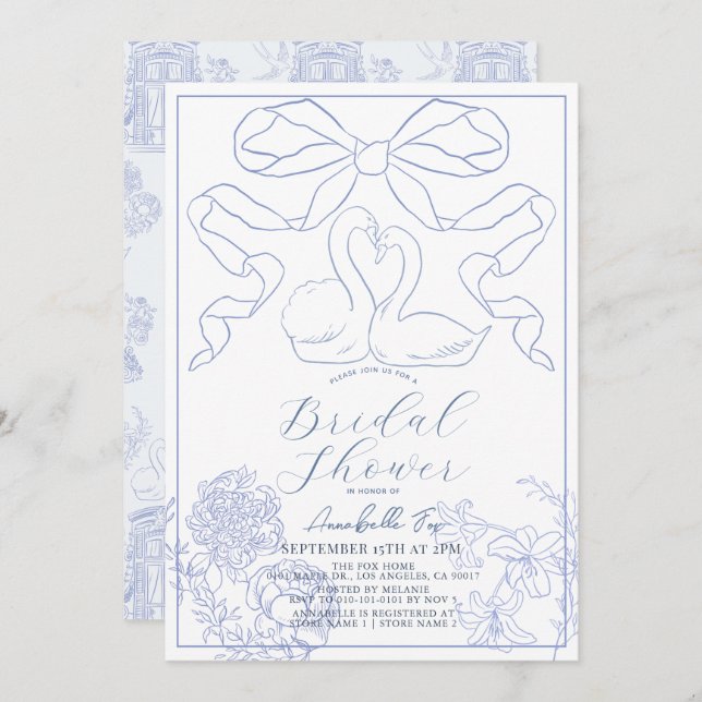 Swan Blue Toile de Jouy Bridal Shower Invitation (Front/Back)
