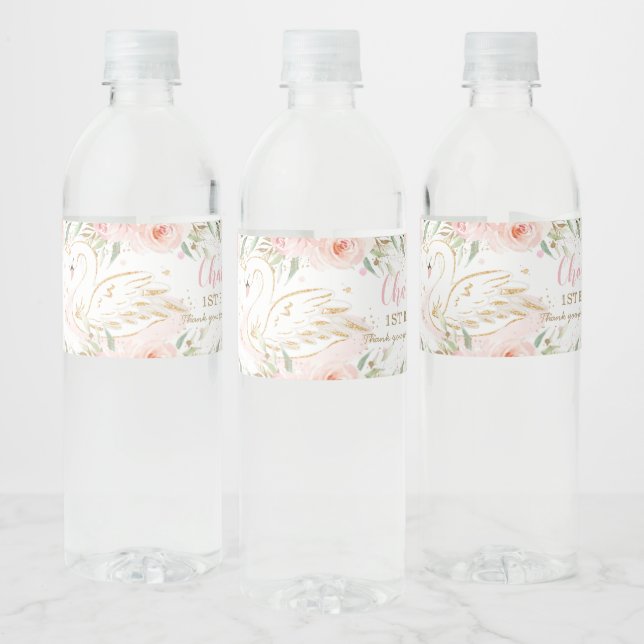 Swan Blush Floral Baby Shower Birthday Party  Water Bottle Label (Bottles)
