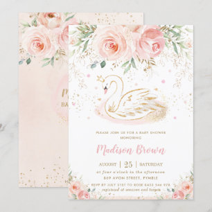 Swan Blush Pink Floral Gold Girl Baby Shower Invitation