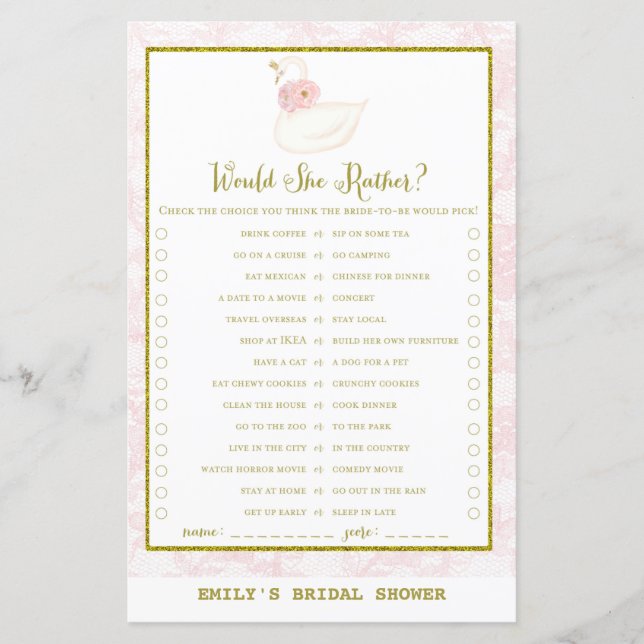 Swan Bridal Shower Game PRINTED (Front)