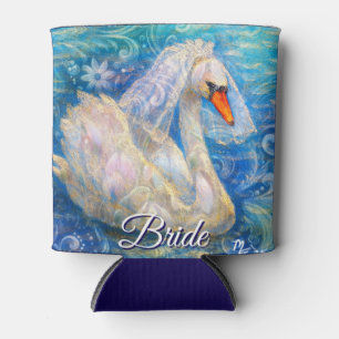 Swan Bride w/Veil on Water Blue White Personalised Can Cooler