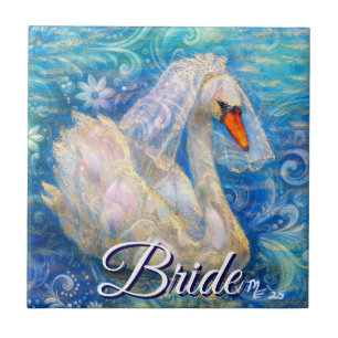 Swan Bride w/Veil on Water Blue White Personalised Ceramic Tile