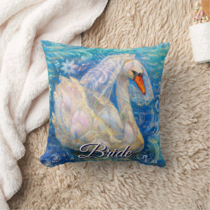 Swan Bride w/Veil on Water Blue White Personalised Cushion