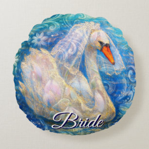 Swan Bride w/Veil on Water Blue White Personalised Round Cushion