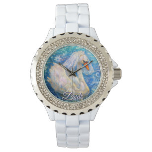Swan Bride w/Veil on Water Blue White Personalized Watch