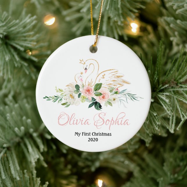 Swan Christmas Ornament, Pink and Gold Swan Ceramic Ornament (Tree)