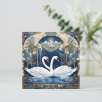Swan Couple Art Nouveau Bird Art Deco Blue