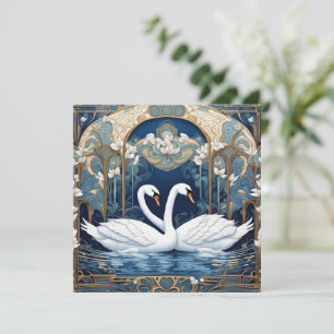 Swan Couple Art Nouveau Bird Art Deco Blue Holiday Card