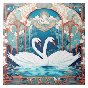 Swan Couple Art Nouveau Bird Turquoise Aqua Blue Ceramic Tile