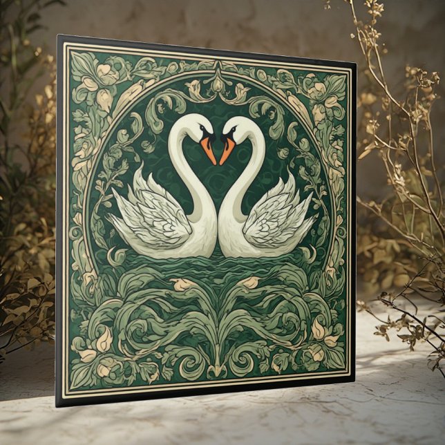 Swan Couple Art Nouveau Decorative Wall Accent Ceramic Tile (Creator Uploaded)