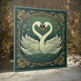 Swan Couple Art Nouveau Forest Green Wall Accent Ceramic Tile