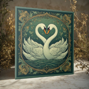 Swan Couple Art Nouveau Forest Green Wall Accent Ceramic Tile