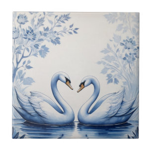 Swan Couple Delft Blue and White Swan Lake Bird Ceramic Tile