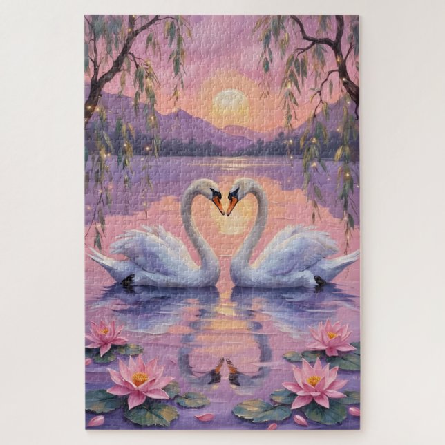 Swan Couple Heart on Pink Sunset Lake Jigsaw Puzzle (Vertical)