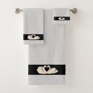 Swan Couple on Black & Light Silver Grey  Bath Towel Set