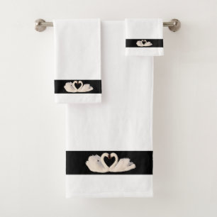 Swan Couple on Black & White Bath Towel Set