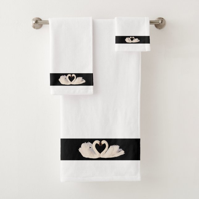 Swan Couple on Black & White Bath Towel Set (Insitu)