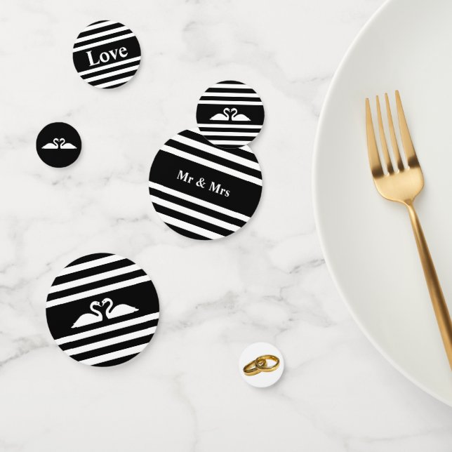 Swan couple on black & white striped wedding confetti (Group)