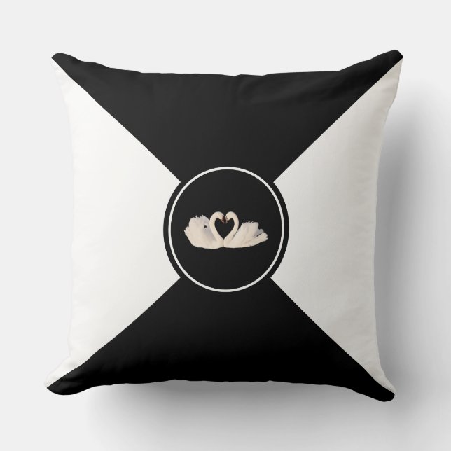 Swan Couple on Black & White Throw Pillow (Front)