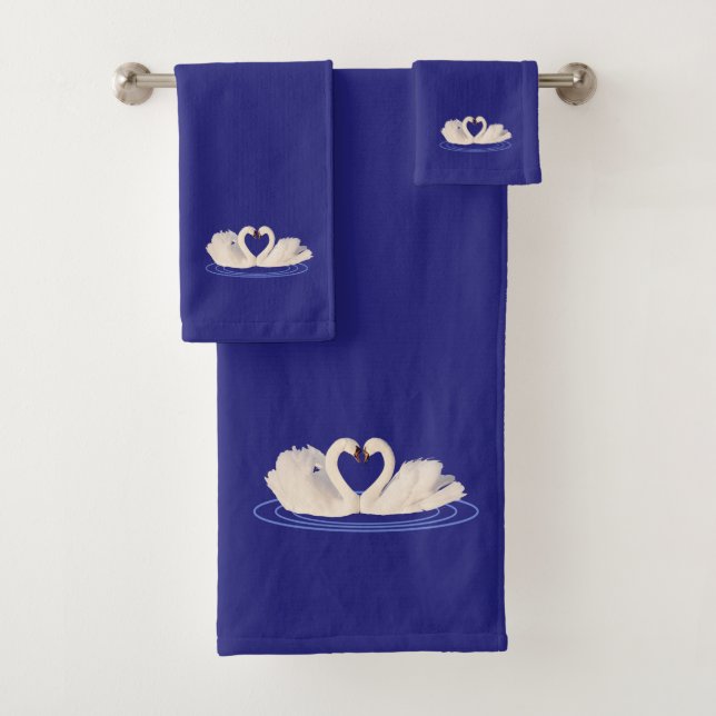 Swan Couple on Navy Blue Bath Towel Set (Insitu)