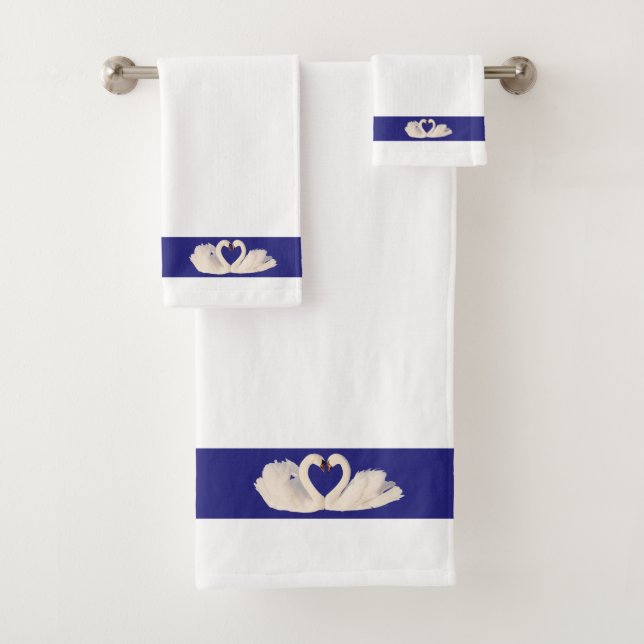 Swan Couple on Navy Blue & White Bath Towel Set (Insitu)