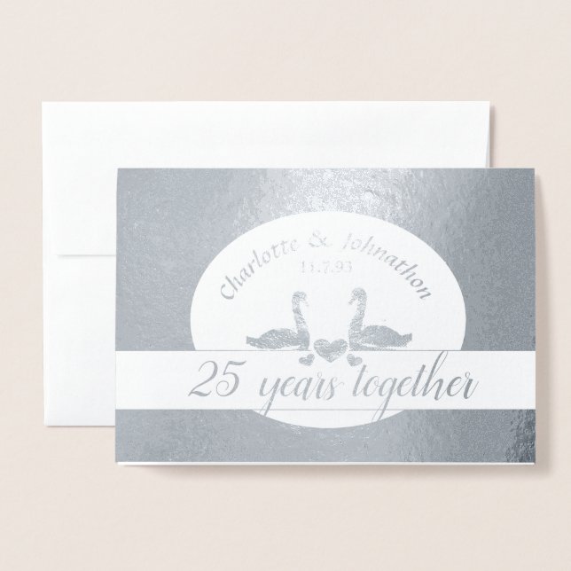 Swan couple silver 25th wedding anniversary card (Front With Envelope)