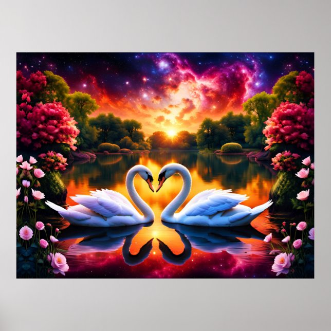 Swan couple Valentine heart under a starry nebula Poster (Front)