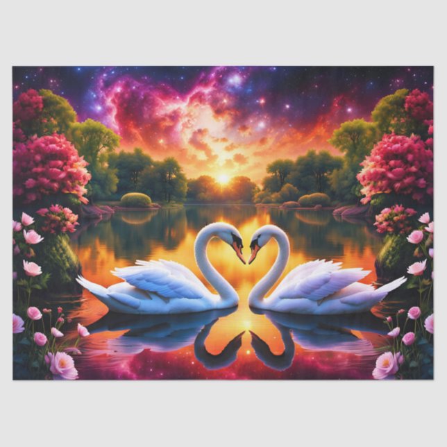 Swan couple Valentine heart under a starry nebula Tissue Paper (Front)