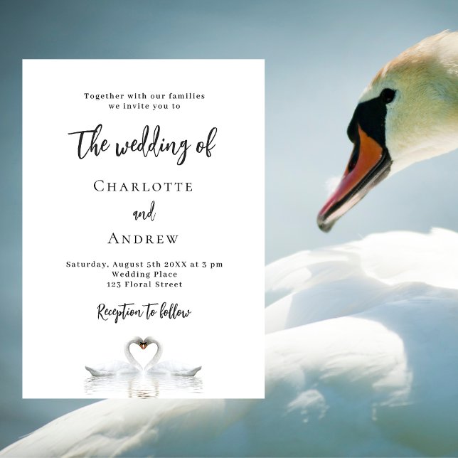 Swan couple white elegant wedding invitation (Creator Uploaded)