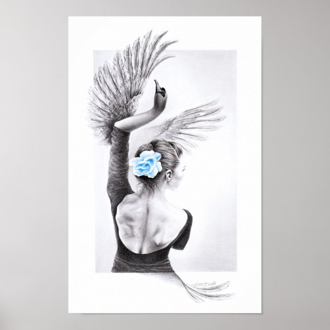 Swan dancing woman surreal pencil art Poster (Front)