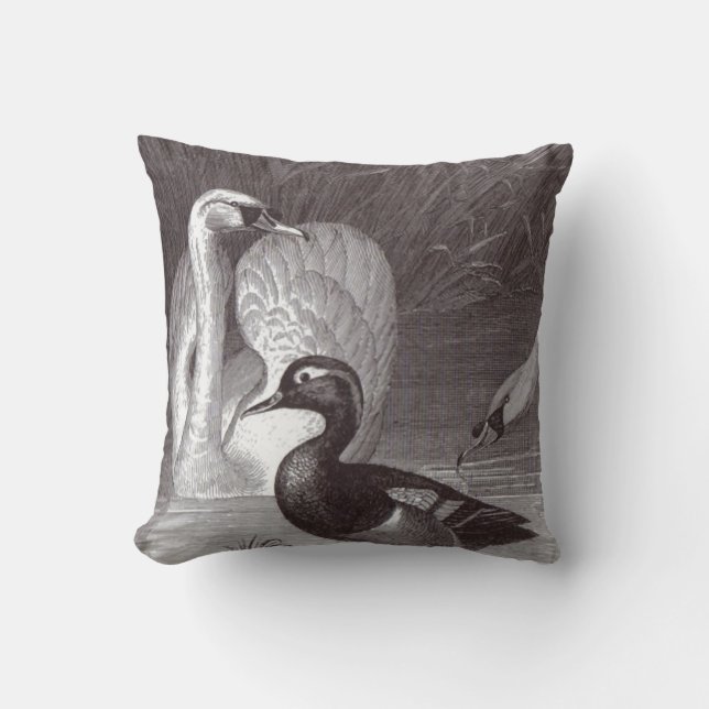 Swan Duck Black and White Bird Toile Throw Pillow (Front)