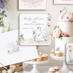 Swan Elegant Floral Blush Pink Ribbon Baby Shower Square Sticker