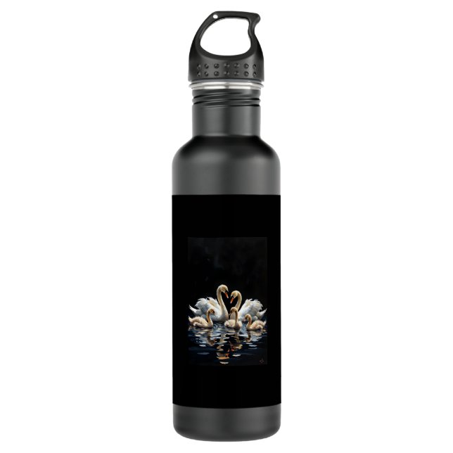 Swan Family on Black Lake Artwork 710 Ml Water Bottle (Front)